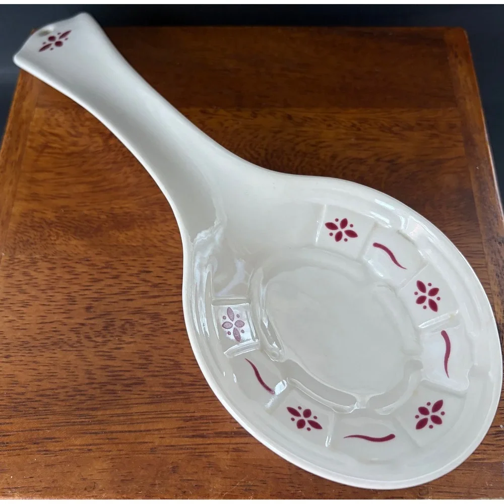 Longaberger Woven Traditions Ivory Heritage Red Pottery Spoon Rest Made in USA
